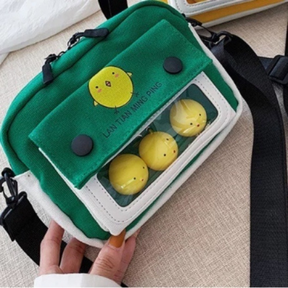 Green Canvas Messenger Shoulder Bag with Stress Relief‎ Chicken Toy Cute Satche